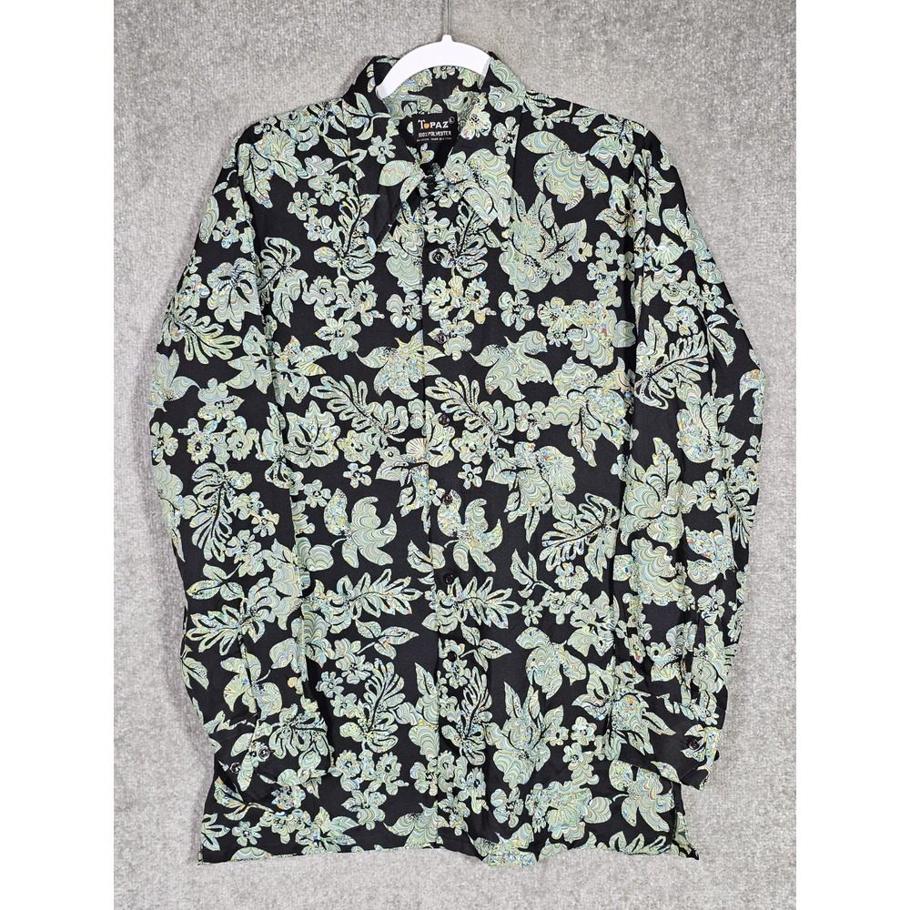 Topaz Long Sleeve Button Up Shirt‎ Mens Size Large Black Green Rainbow Leaves